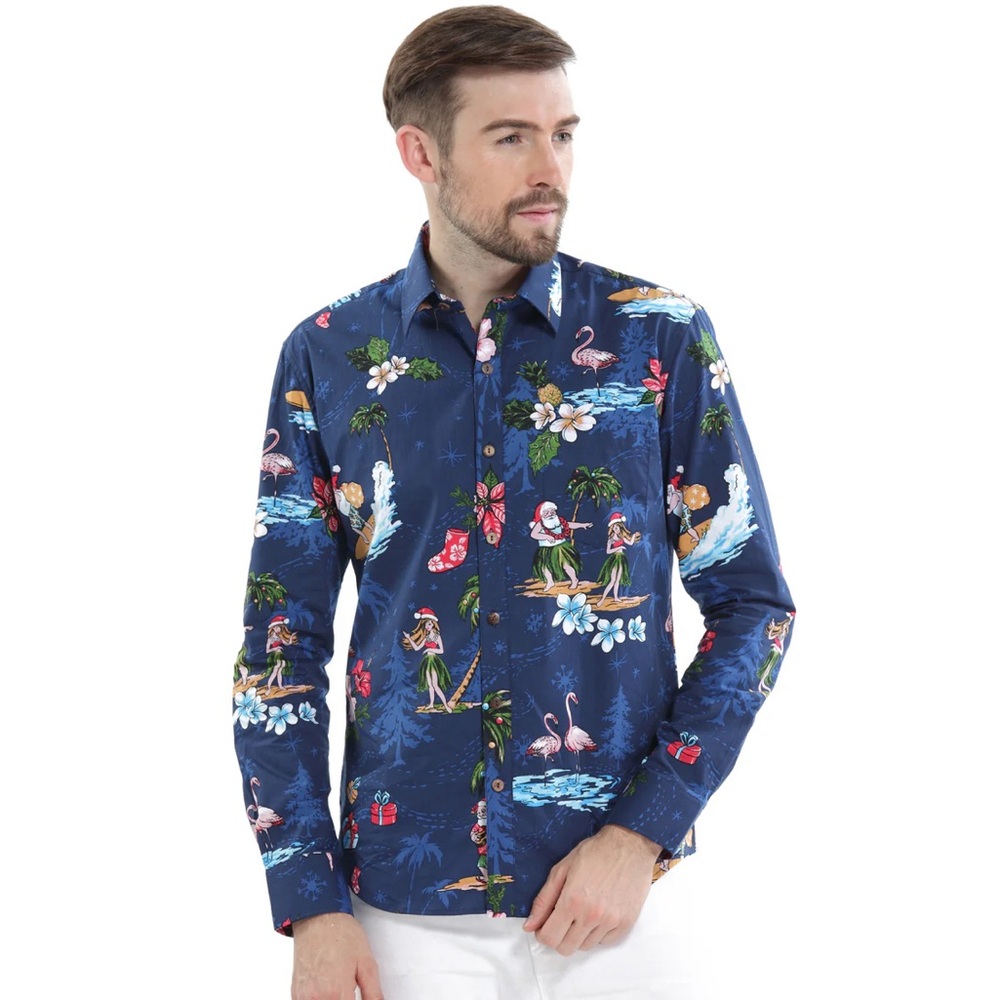 Aloha Surfing Santa Christmas Shirt by Hawaiian Hangover 100% Cotton | Mens L